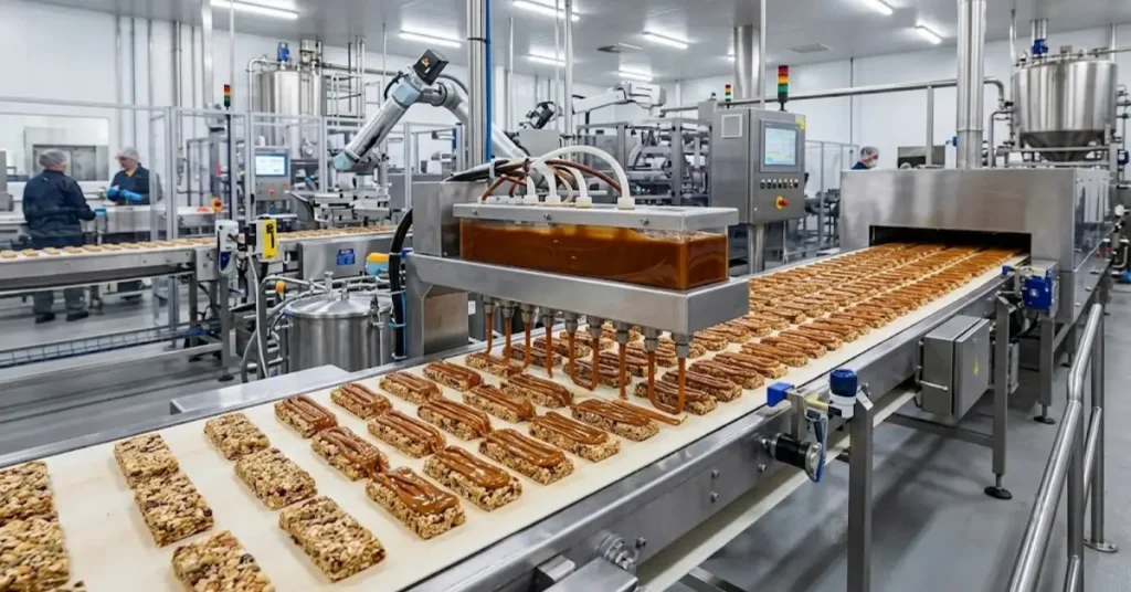 Automated food processing machine with nozzles depositing rows of liquid plant based caramel ribbons onto cereal snack bars moving along a factory conveyor belt