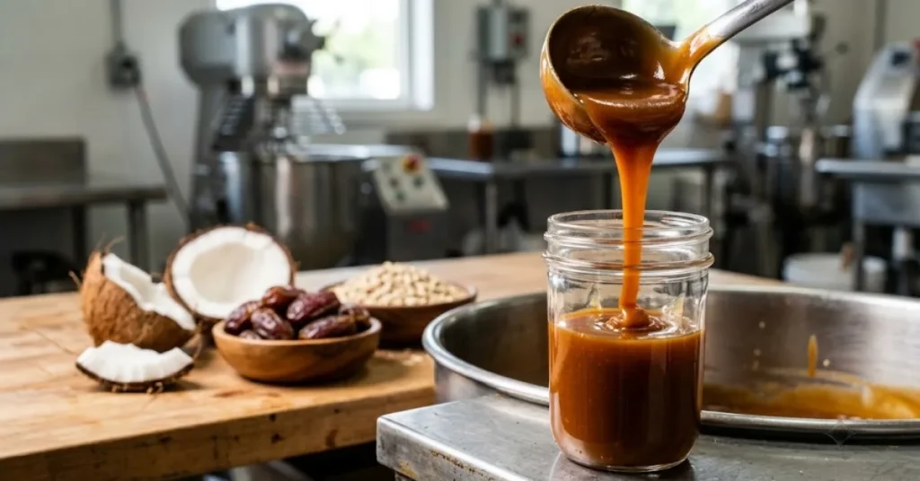 Glossy deep amber plant based caramel pouring from a metal ladle into a clear glass jar on a stainless steel counter with cracked coconuts, whole dates, and raw oats in the background