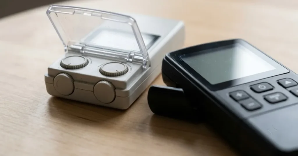 Side-by-side close-up comparison of an analog TENS machine with rotary dials next to a digital unit with a backlit screen.