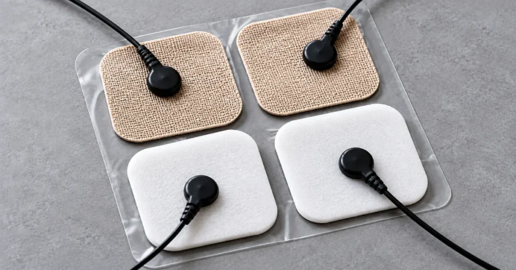 Assortment of reusable electrotherapy pads showing flexible tan cloth backing and white foam squares with pig-tail wire connectors.