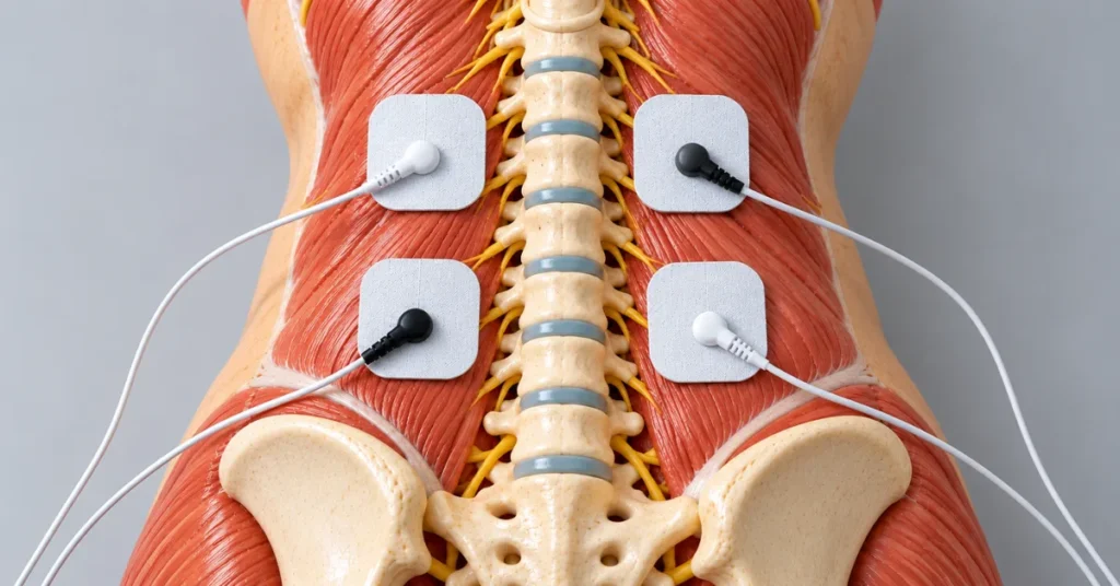 Anatomical silicone lumbar model demonstrating crisscross four-pad electrode placement on the lower back muscles.
