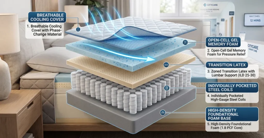 Exploded cutaway showing cooling gel foam, zoned pocket coils, and high-density base support layers.