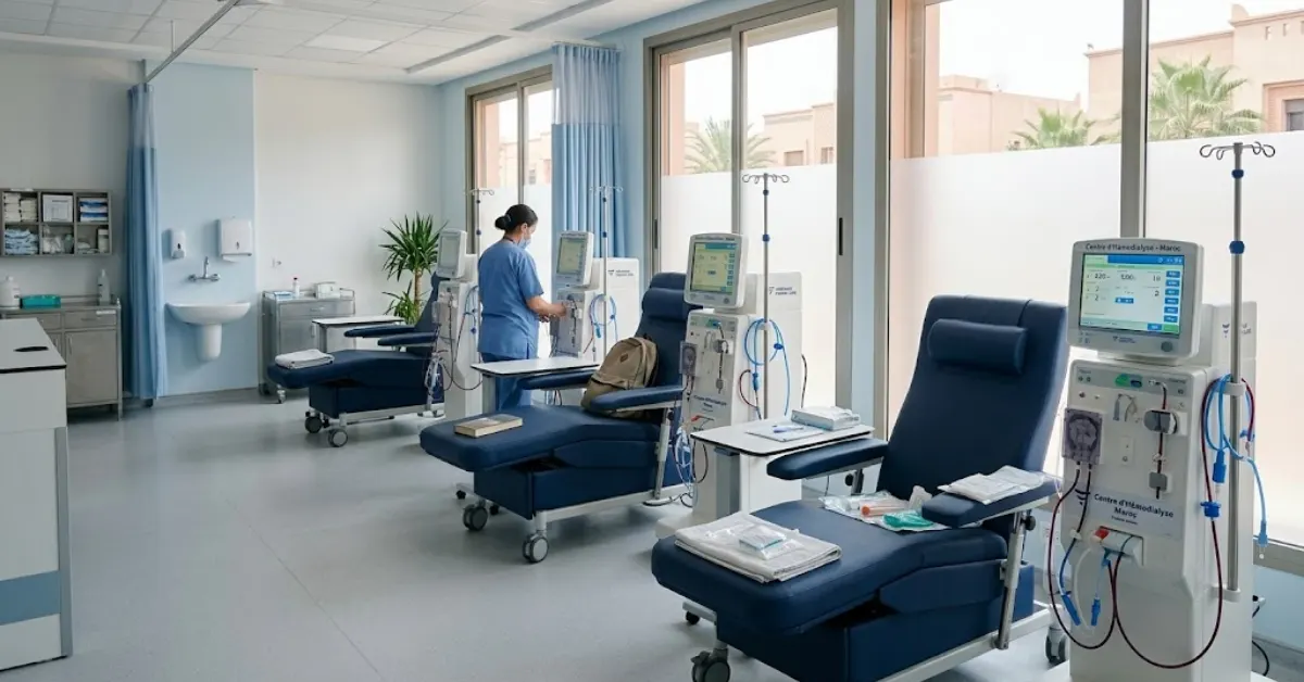 Bright clinical hemodialysis treatment ward in Morocco featuring ergonomic patient reclining chairs and advanced dialysis monitoring stations.