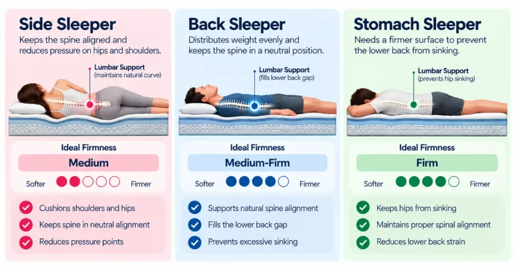 Comparison diagram of side, back, and stomach sleeping postures paired with recommended mattress firmness levels.