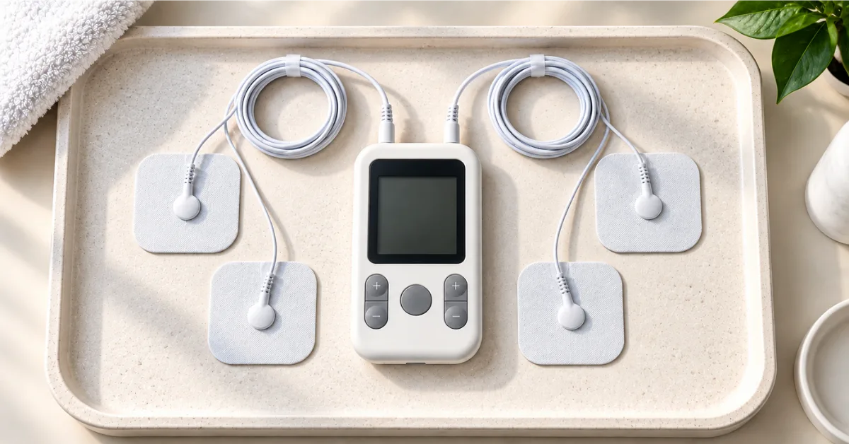 Compact dual-channel TENS unit device resting on a clean white clinic surface with connected lead wires and four square white electrode pads.