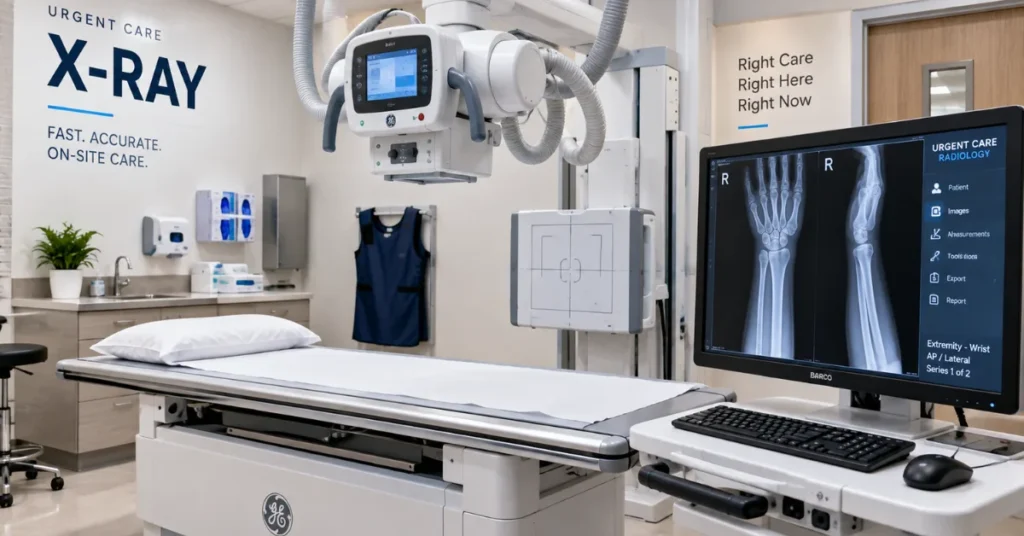 Modern digital x-ray room in an urgent care center equipped for immediate fracture and trauma evaluations.