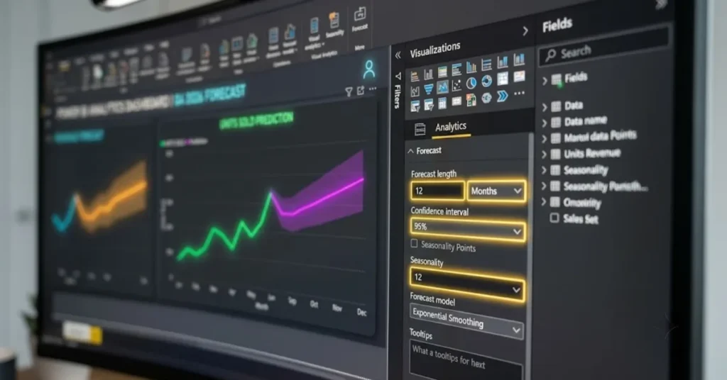 Close up view of Power BI Desktop Analytics Pane configuring forecast length and confidence interval