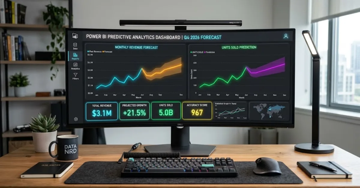 Modern dark theme Power BI dashboard showing predictive analytics line charts with forecast confidence intervals
