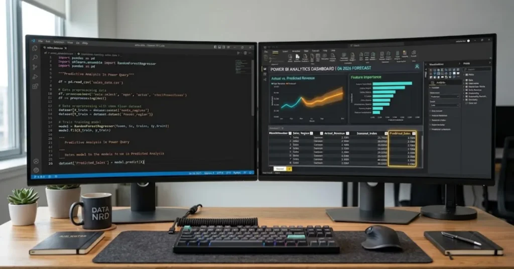 Data analyst screen showing Python scikit-learn machine learning code inside Power BI Power Query Editor