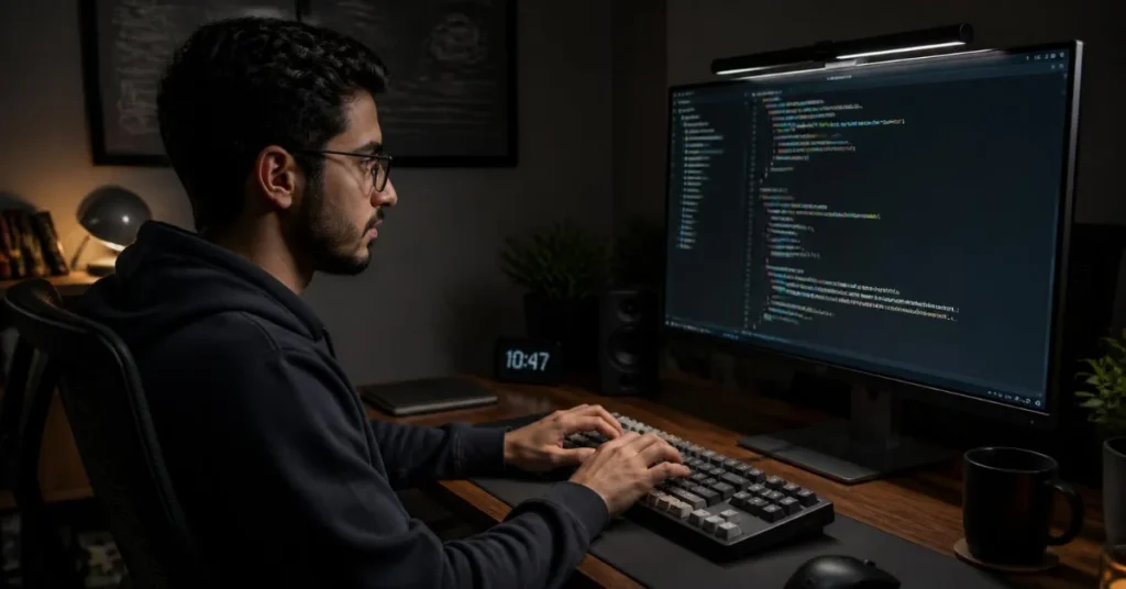 Mechanical keyboard used for programming tasks with visible symbol keys and code editor