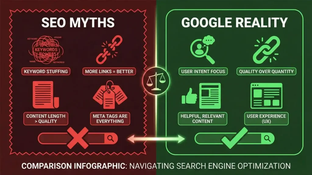 Infographic comparing SEO myths versus Google ranking reality