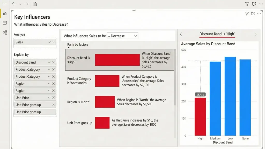 Key Influencers visual in Power BI showing drivers of customer behavior chart
