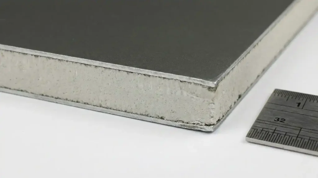 Cross section of Alucobond A2 panel showing mineral core sandwiched between aluminium skins
