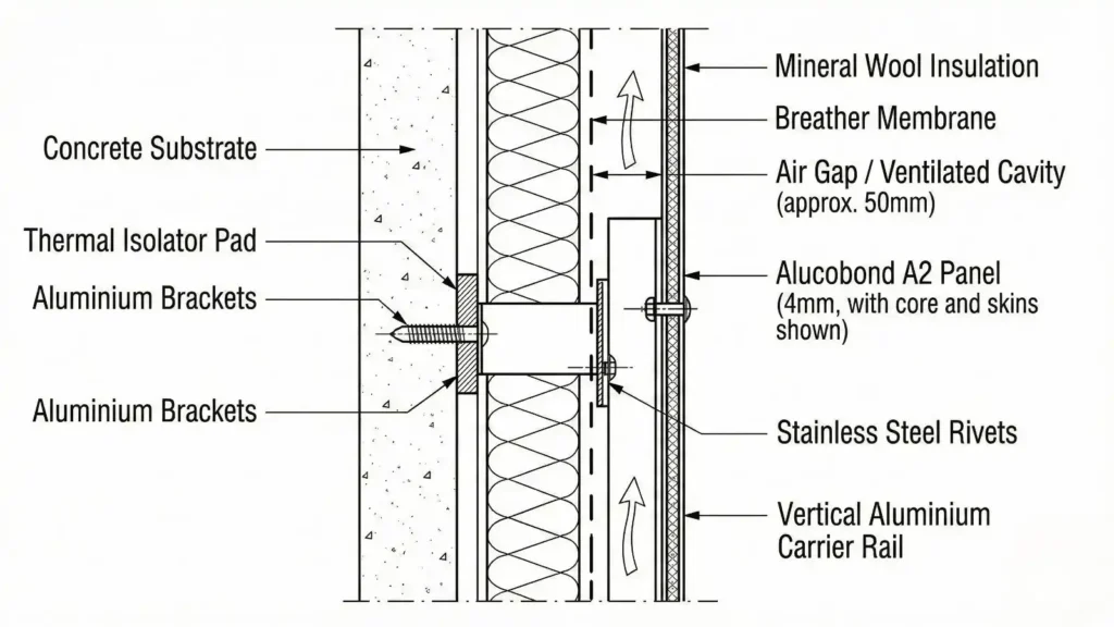 Alucobond cladding fixing details showing ventilated cavity and insulation layers