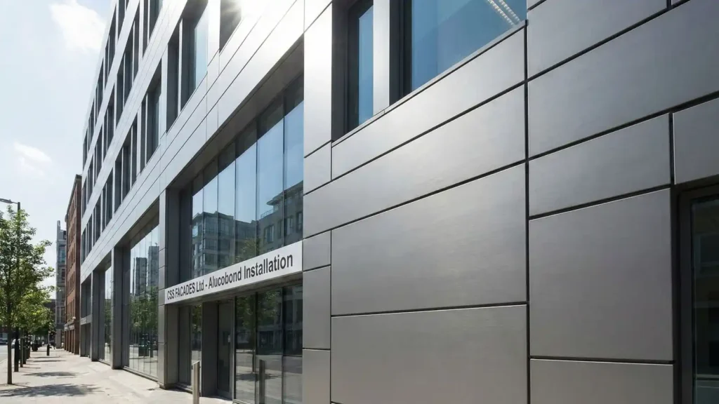 Exterior of a UK high-rise office block finished with durable Alucobond aluminium cladding in a charcoal grey texture.