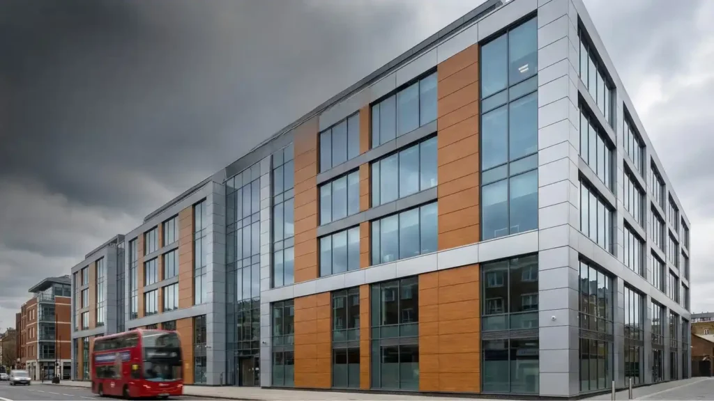 Modern office facade featuring wooden metallic Alucobond cladding panels installed as a ventilated rainscreen system.