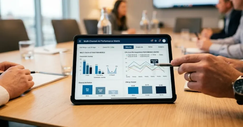 Digital tablet showing multi-channel attribution data, CPA metrics, and real-time performance graphs.
