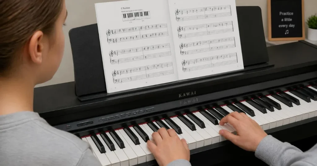 Close-up of beginner hands playing piano keys on the Gold Coast