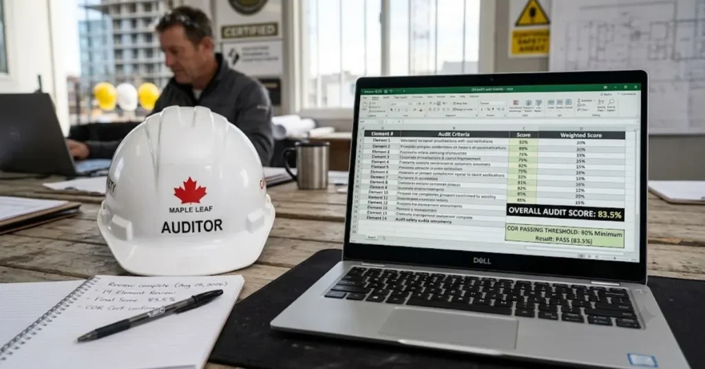 Laptop screen displaying health and safety audit scores and compliance percentages across 14 elements.