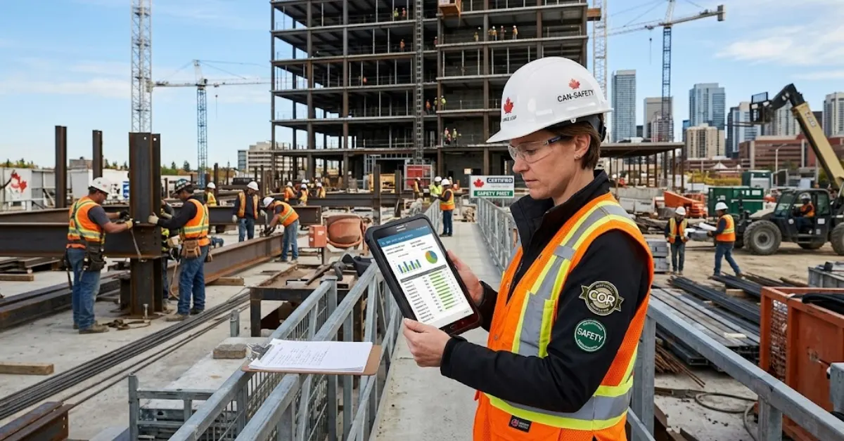 Construction safety coordinator reviewing digital audit reports on a tablet at a commercial job site.