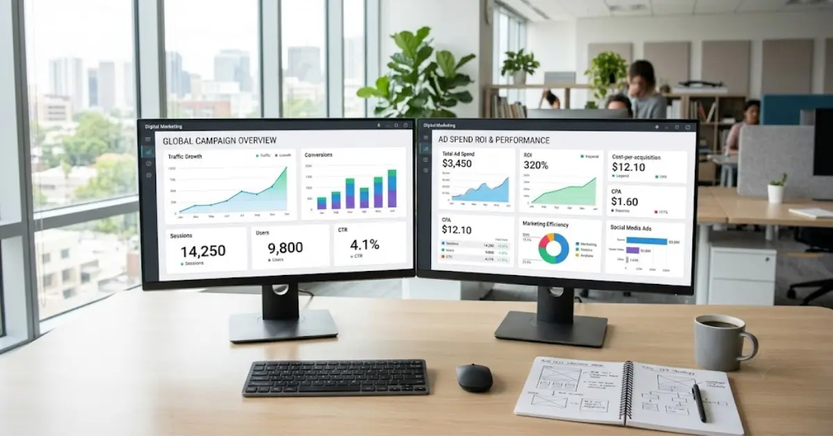 Dual-monitor workspace showing analytics dashboards, SEO traffic charts, and paid campaign performance metrics.