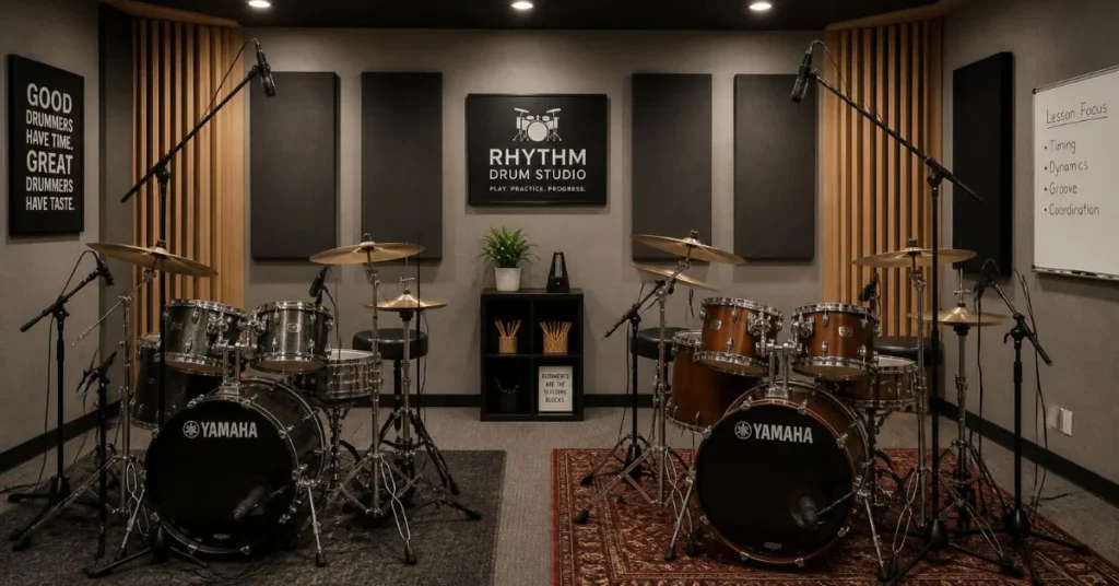 Dual acoustic drum kit setup in a Gold Coast music school
