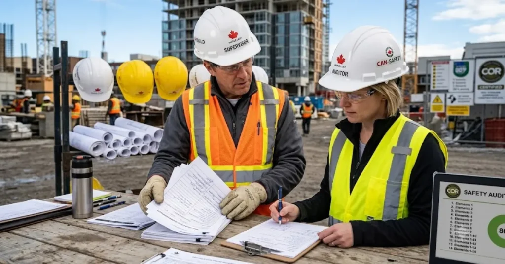 Safety auditor inspecting daily field hazard assessment forms and site inspection logs.