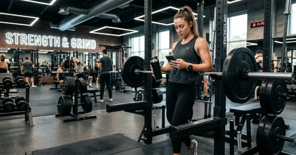 Athlete checking workout tracking metrics on a smart device during a gym strength training session.