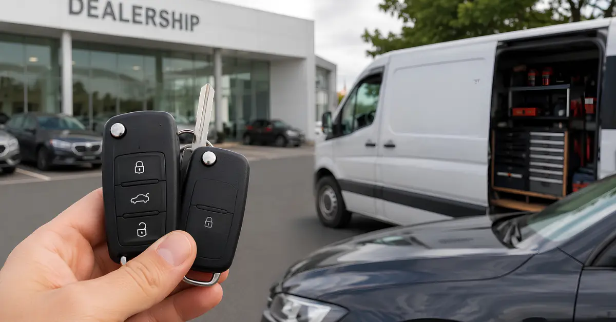 Mobile locksmith van and car dealership service comparison for replacement car keys in Auckland