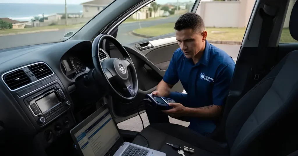Automotive locksmith using OBD2 diagnostic scan tool to program replacement car keys in Auckland