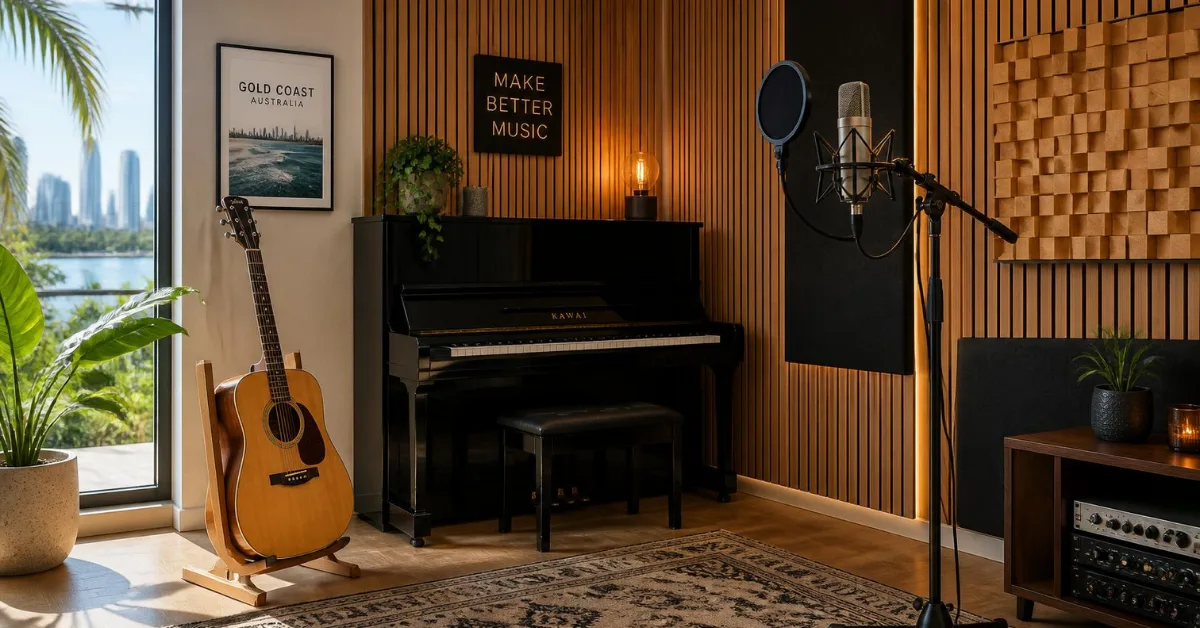 Modern music teaching studio with piano and guitar setup on the Gold Coast