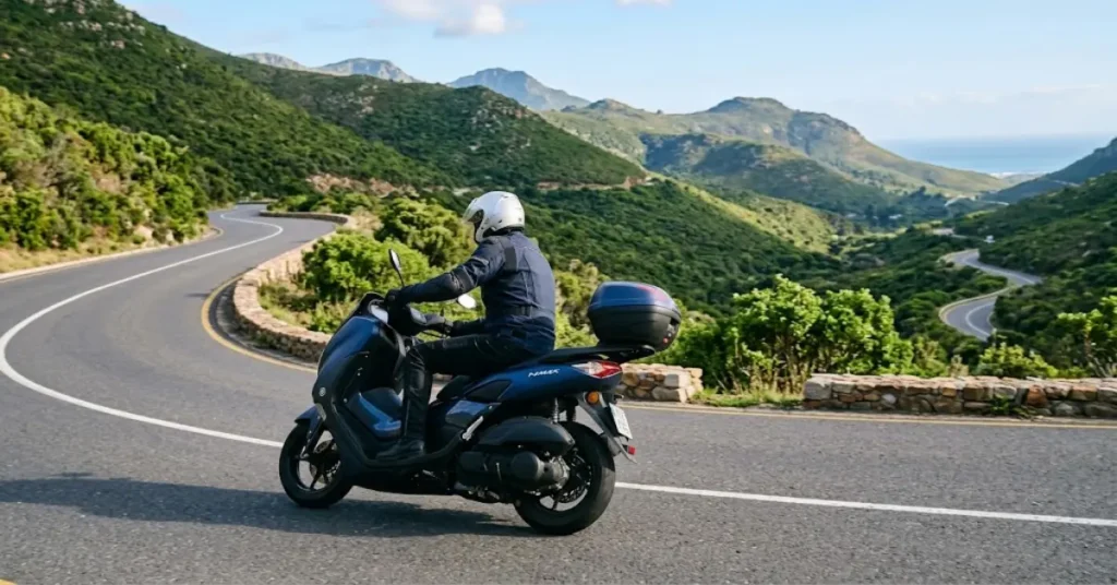Rider wearing a secured helmet navigating a paved hillside road on a scooter.