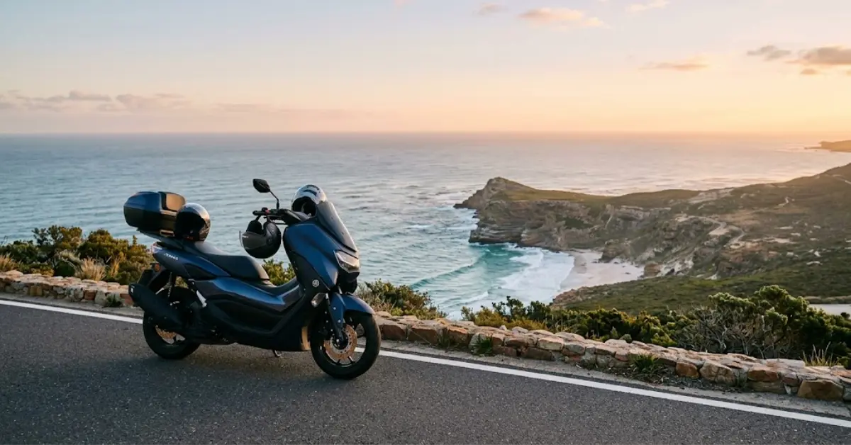 Modern automatic scooter parked on a paved coastal highway.