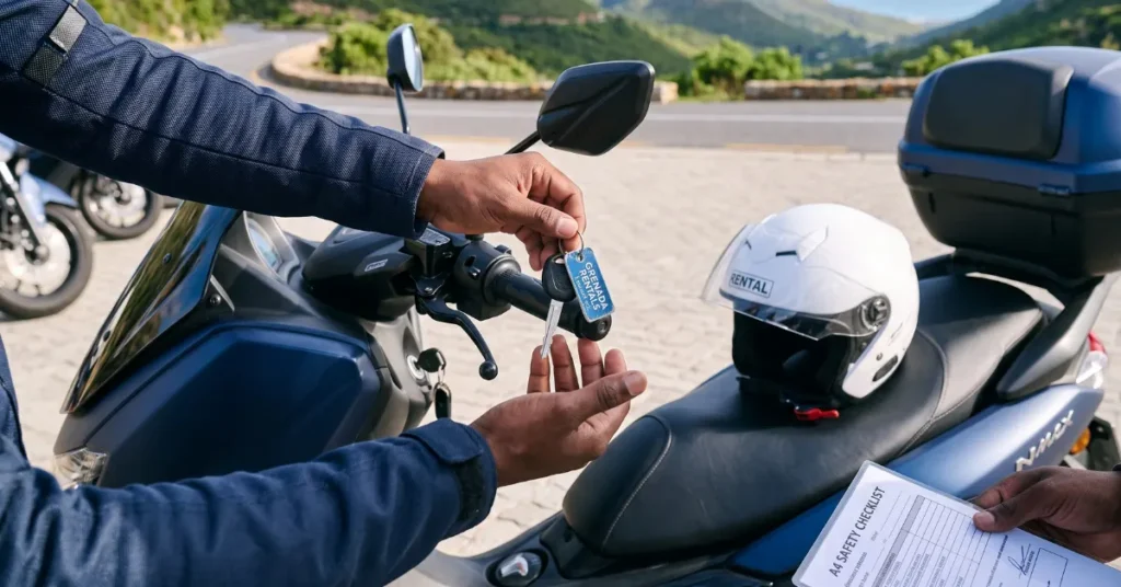 Close-up of scooter handlebars, keys, and safety helmet prepared for vehicle inspection.