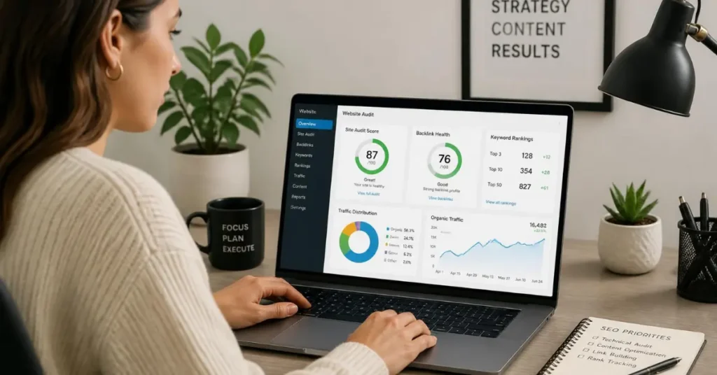 Marketing specialist reviewing website audit data and keyword ranking analytics on a laptop.