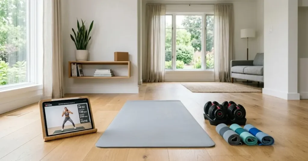 Dedicated home workout space with an exercise mat, adjustable dumbbells, and a tablet streaming a virtual fitness class.