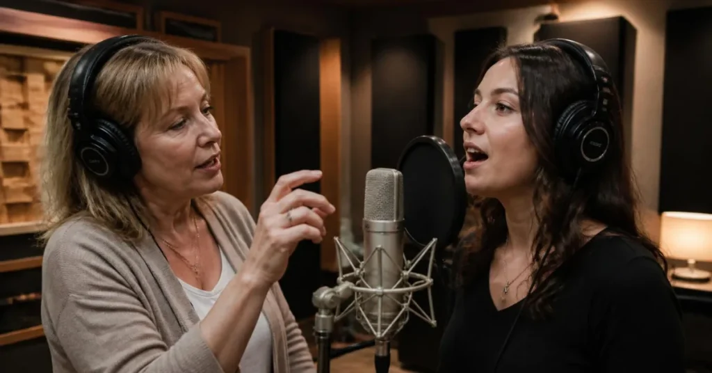 Vocal coach guiding a student singer in a Gold Coast music studio