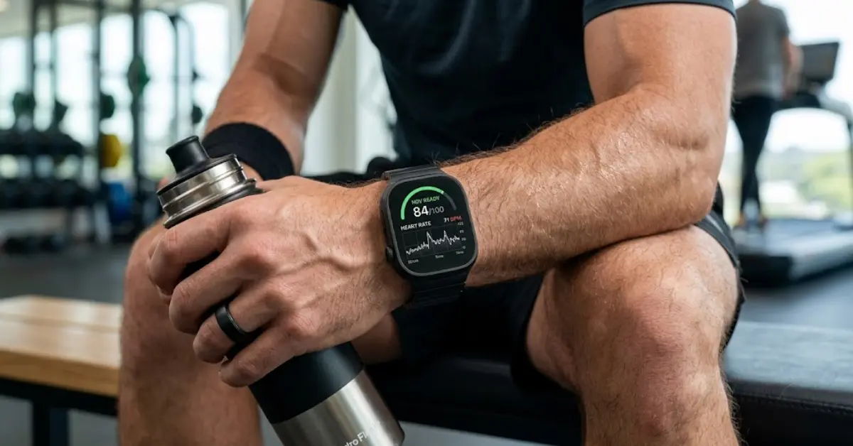 Modern smartwatch displaying real-time heart rate variability and recovery metrics on an athlete's wrist.