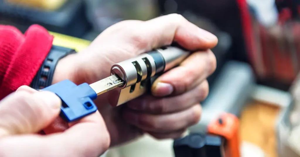 An automotive locksmith using specialized electronic diagnostic equipment to program a modern transponder smart key inside a vehicle.