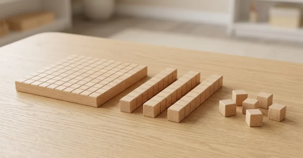 Large flat hundred-square block, three ten-rods, and five single-unit cubes arranged on a light oak table.
