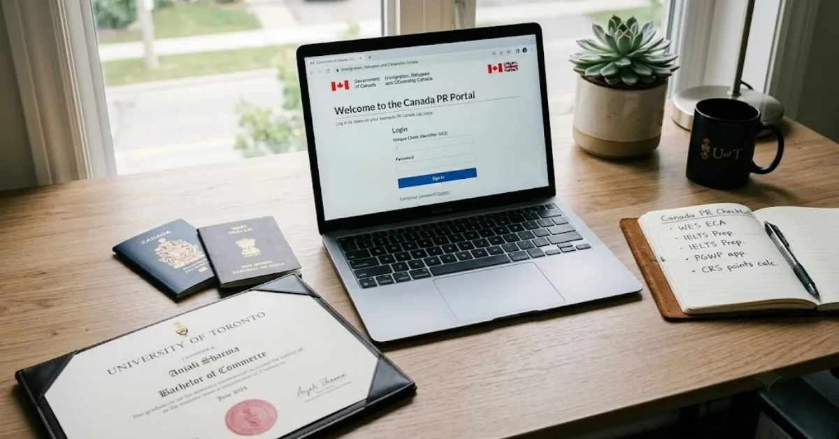 Canada PR pathways for Indian students application materials and planning documents on a work desk