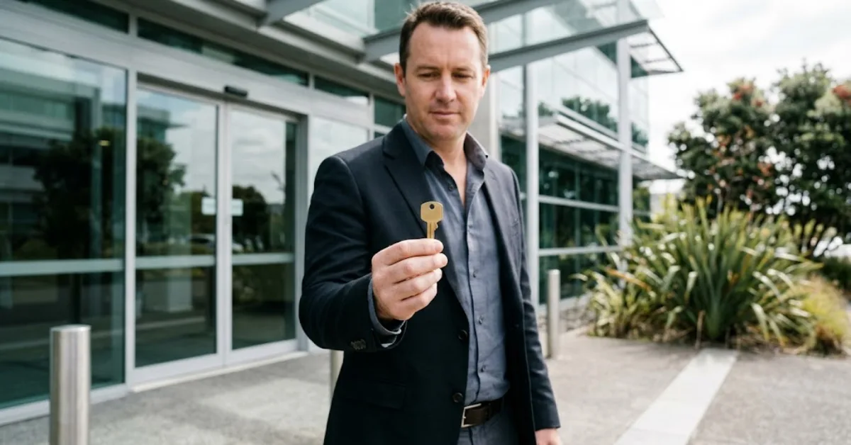 Professional facilities manager holding an engineered commercial master key outside a corporate office building.