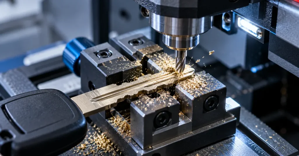 Computerized automotive key cutting machine milling a high-security track key blade from code.