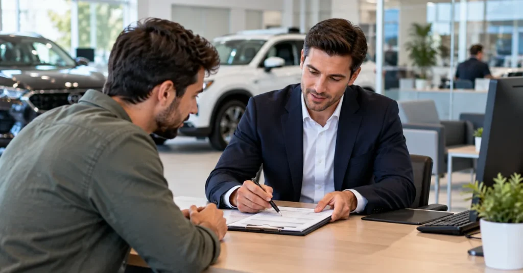Customer service desk at an authorized vehicle dealership discussing replacement factory parts.