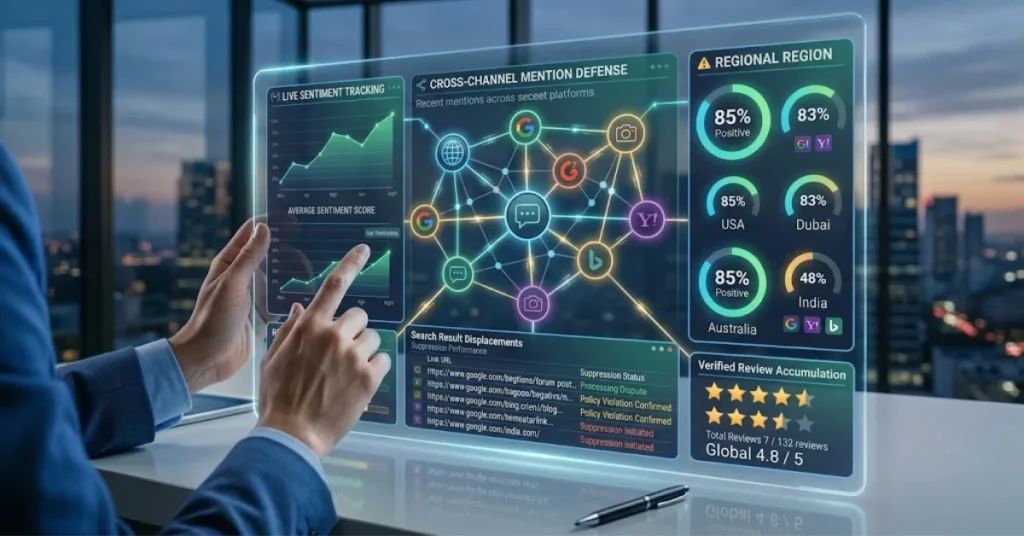 Enterprise software interface displaying brand mention tracking and sentiment analysis metrics