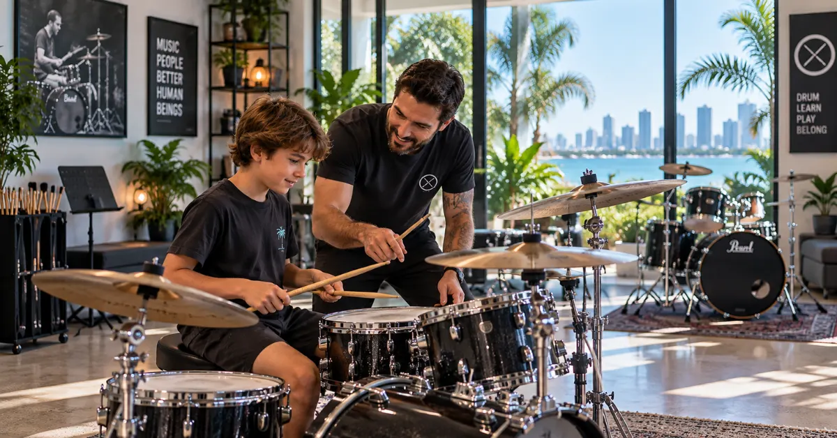 Smiling male drum teacher guiding a young boy with drumsticks on a drum set inside a bright studio with waterfront city views.