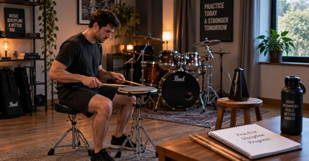 Man practicing drumming rudiments with wooden drumsticks on a mounted practice pad next to a metronome and drum kit.