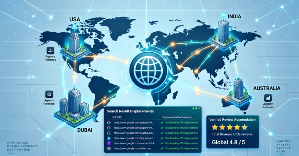 A connected world map connecting key international business locations with a central data globe