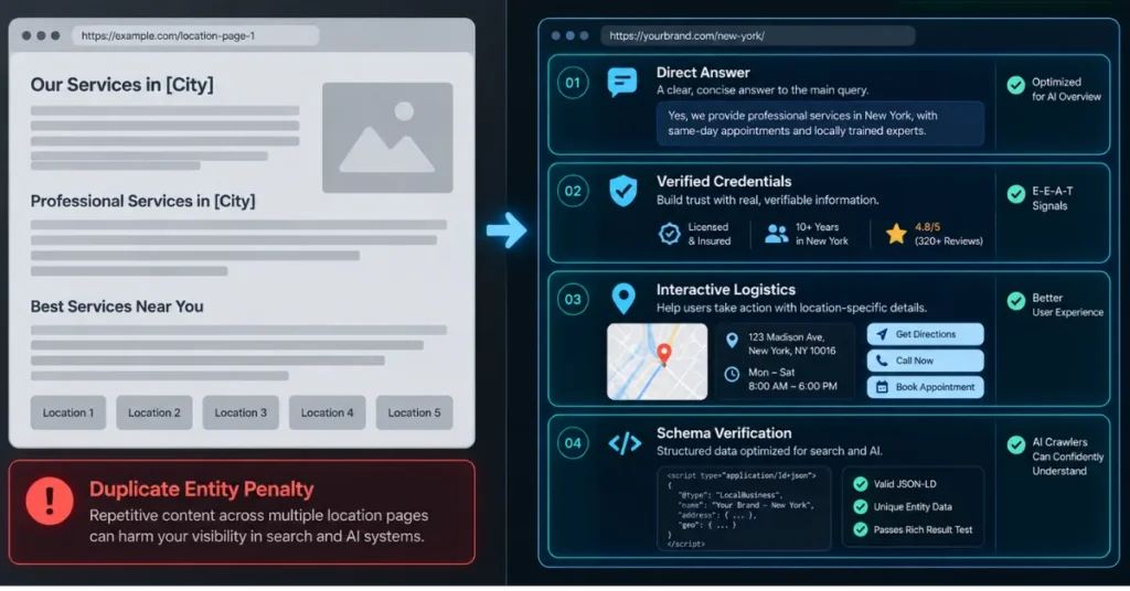 Side by side comparison showing a low-quality duplicate doorway page contrasted against an answer-first modular location page layout.