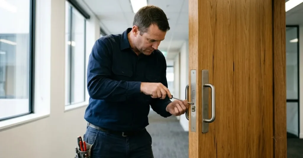 Certified commercial locksmith testing a newly pinned restricted master lock cylinder on a commercial office door.
